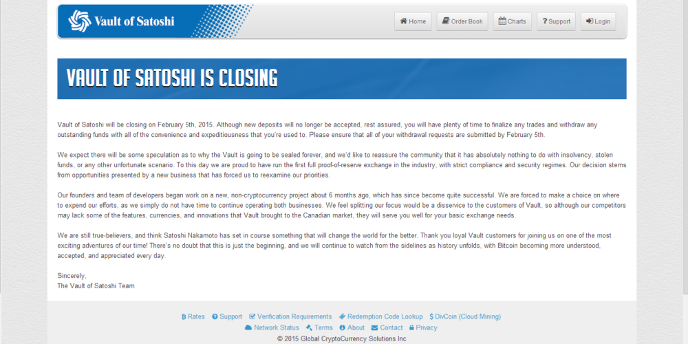 Giełda Vault of Satoshi zostanie zamknięta