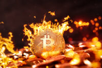 Golden bitcoin coin is on fire, Burning cryptocurrency BTC drops